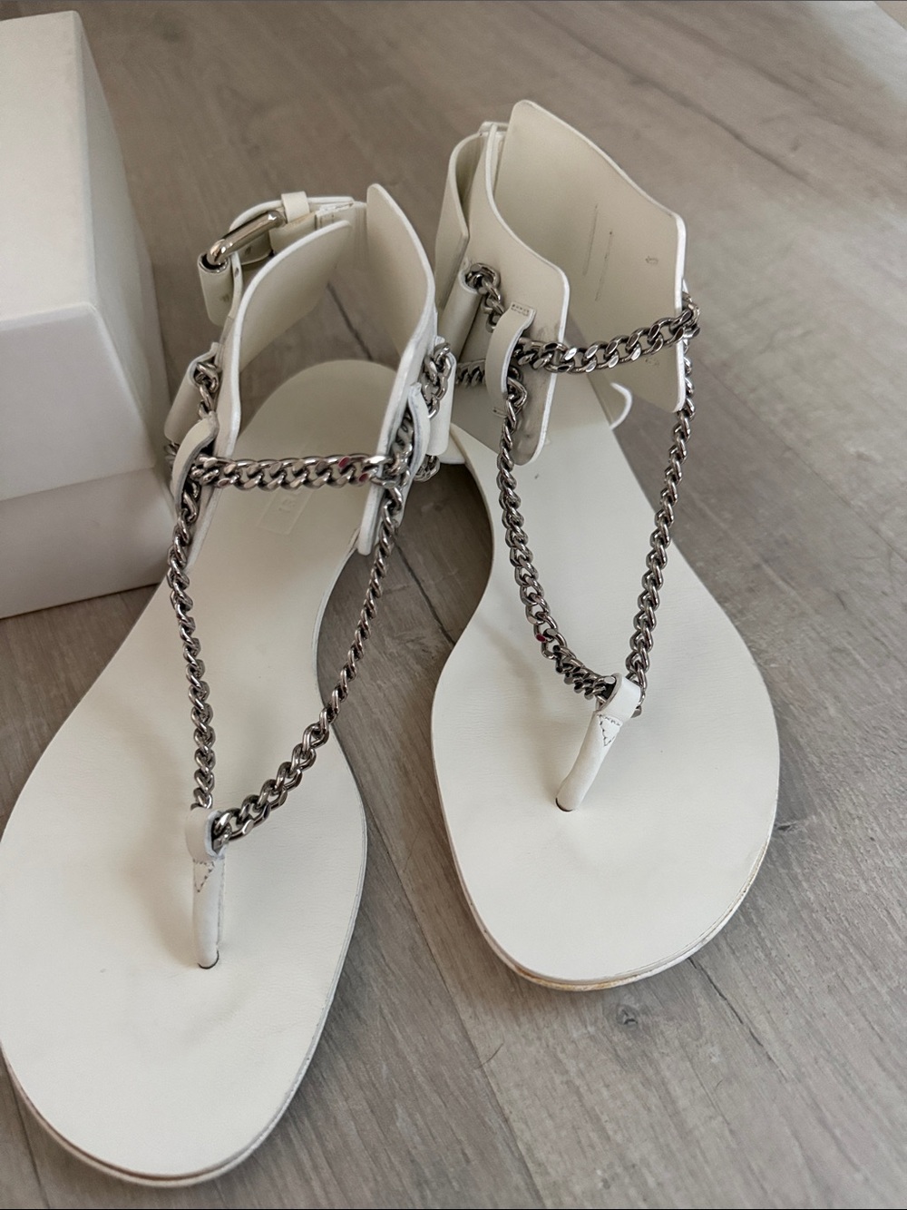 White Chain-Accent Casadei Women's T-Strap Sandals - Picture 3 of 17